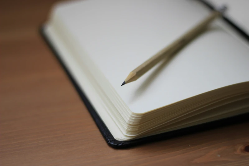 Aufgeschlagenes leeres Notizbuch mit Bleistift auf einer Holzoberfläche