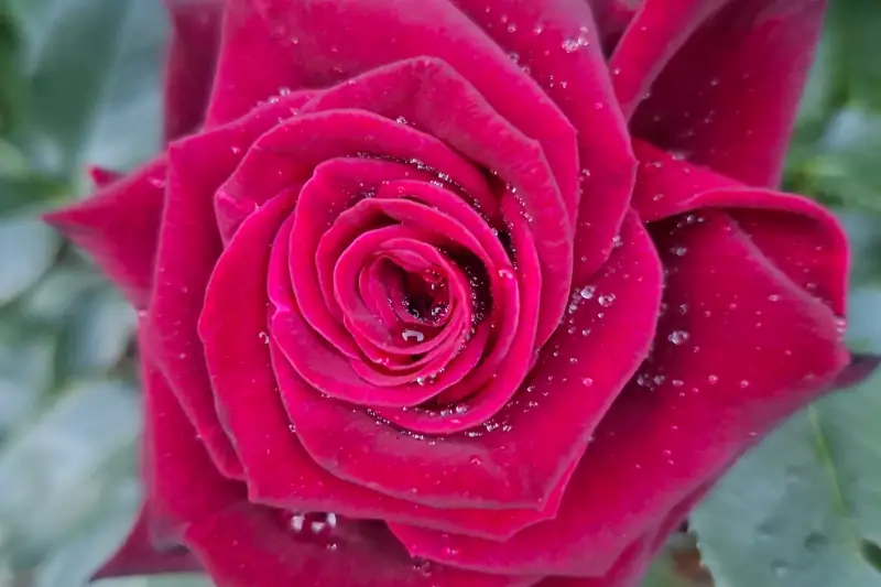 Kleine Wassertropfen auf roter Rose Nahaufnahme