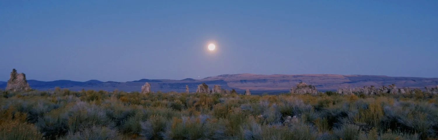 Vollmond über Wüstenlandschaft mit Felsformationen in der Dämmerung