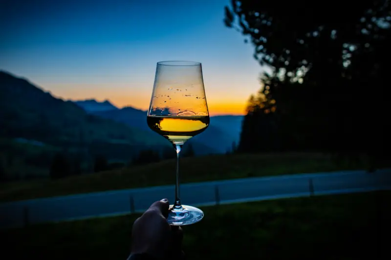 Gefülltes Weinglas bei Abenddämmerung