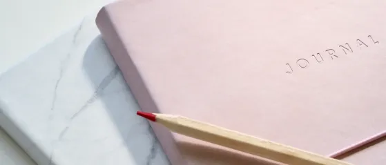 Roter Buntstift auf rosa Notitzbuch