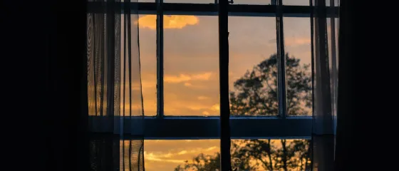 Blick durch ein Fenster mit Vorhang auf Abendhimmel und Bäume in der Dämmerung