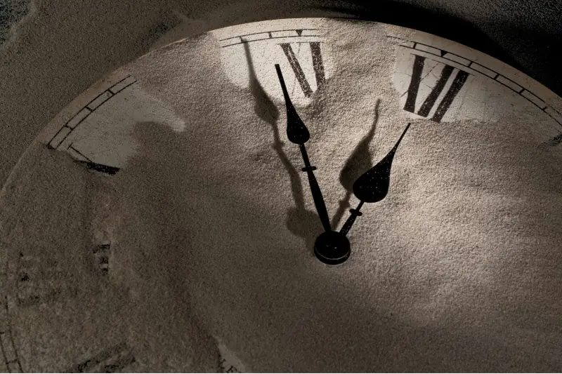 Uhr mit römischen Ziffern in Nahaufnahme bedeckt mit Sand