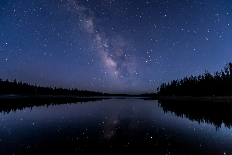Sternenhimmel spiegelt sich in stillem Gewässer zwischen Wäldern